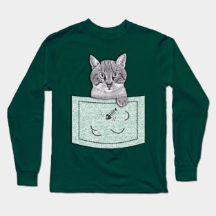 Cat Thief in Pocket! Pencil Drawings (Green) Long Sleeve T-Shirt